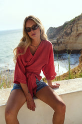 Blusa de Linho Rosa com Laço