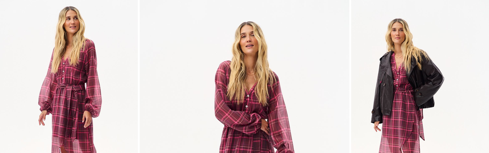 Woman in a raspberry check midi dress with a tie waist, studio photograph