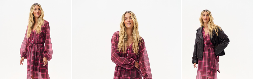 Woman in a raspberry check midi dress with a tie waist, studio photograph