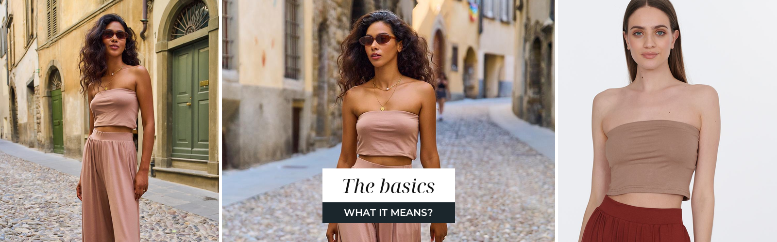 Woman in a simple neutral top, a wardrobe base piece.
