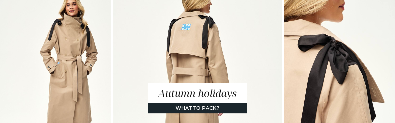 Woman in a classic trench coat, a look for an autumn trip.
