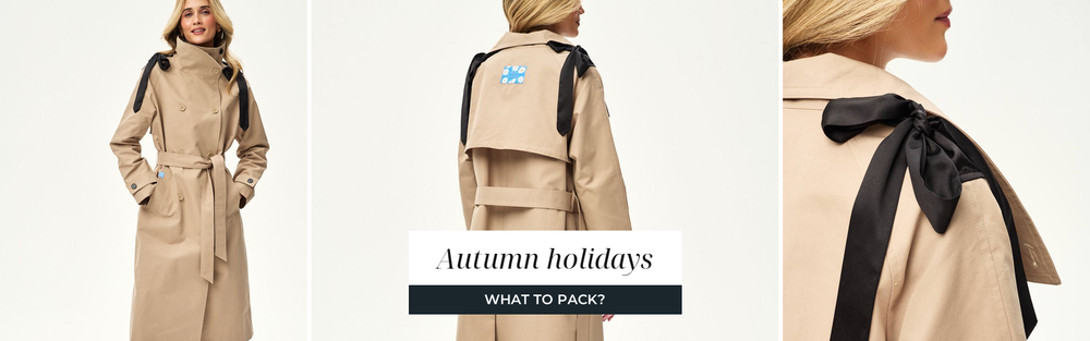 Woman in a classic trench coat, a look for an autumn trip.