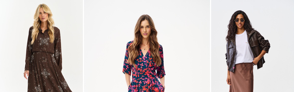 Three studio shots: a long brown patterned dress, a leather jacket with a satin midi skirt and a colourful floral midi dress.