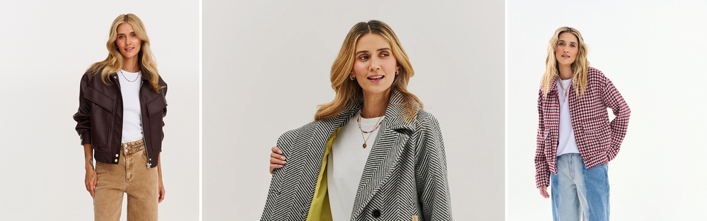 Three studio shots: a brown leather jacket with beige wide-leg trousers, a herringbone coat and a cropped houndstooth jacket with jeans.