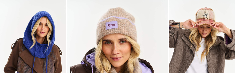 Three photos of a blue knitted balaclava with a brown coat, a beige beanie and a peaked cap worn with a wool coat.