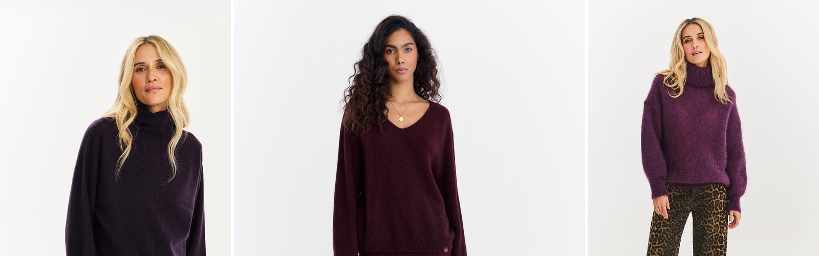 Three studio shots: a dark polo neck, a burgundy V-neck sweater and a purple fluffy sweater.