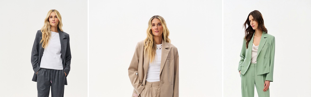 Three studio shots: a grey suit with wide-leg trousers and a white T-shirt, a green suit and a beige suit with wide-leg trousers.
