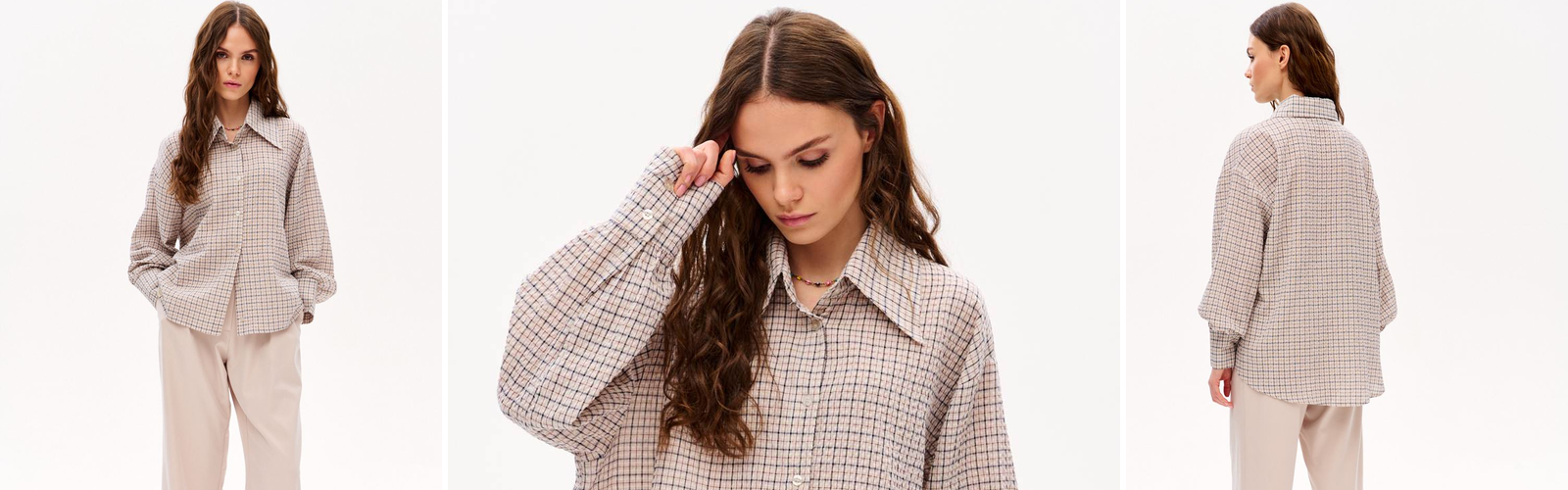 Woman in a checked shirt in country style, banner for an article on women's country style.