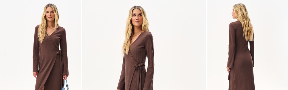 Woman in a brown ribbed knit wrap midi dress, studio photograph