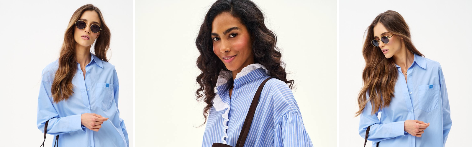 Woman in a striped shirt with a brown leather shopper on her shoulder.