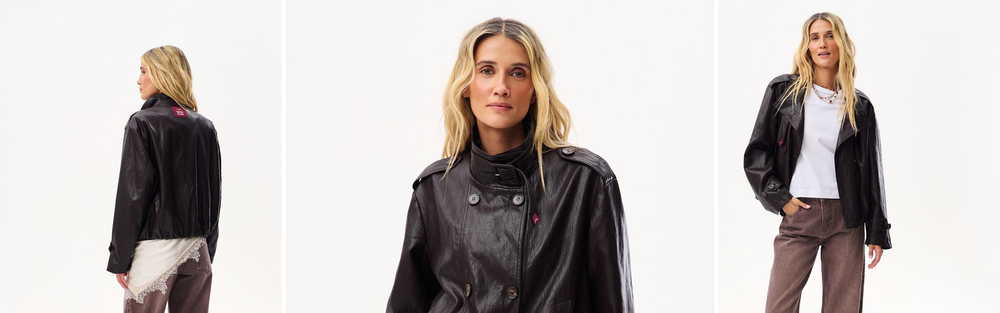 Black leather biker jacket with a diagonal zip