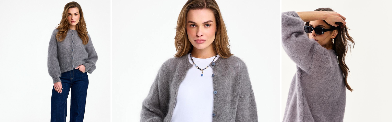 Woman in an open knitted cardigan, a cool morning look.