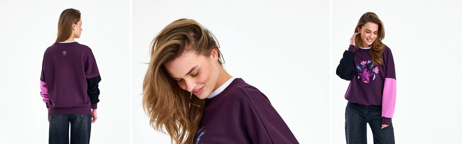 Woman in a deep purple sweatshirt, a daylight portrait look.