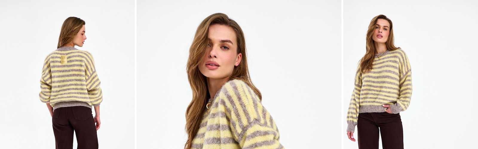 Woman in a yellow striped mohair sweater.