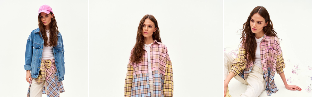 Pastel checked flannel shirt worn open over a white top