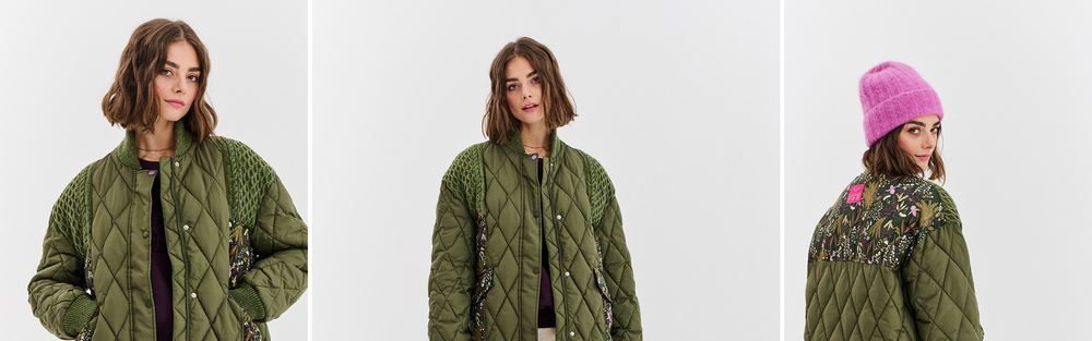 Woman in a quilted jacket in an olive khaki shade.