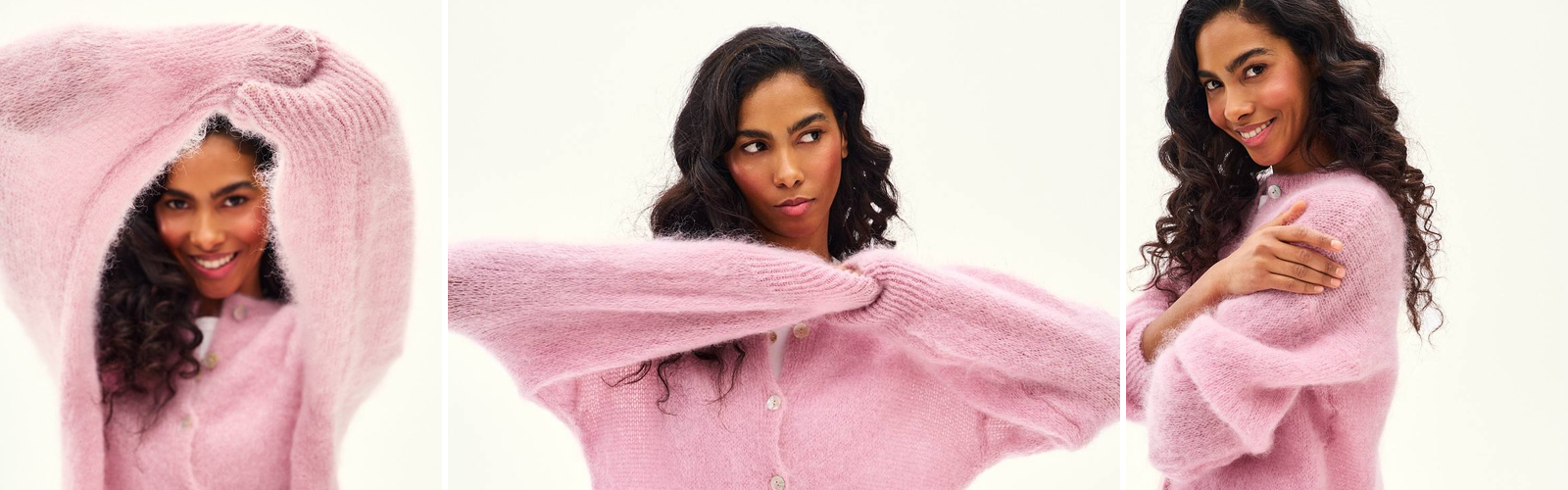 Woman in a soft mohair cardigan, an autumn layered look.