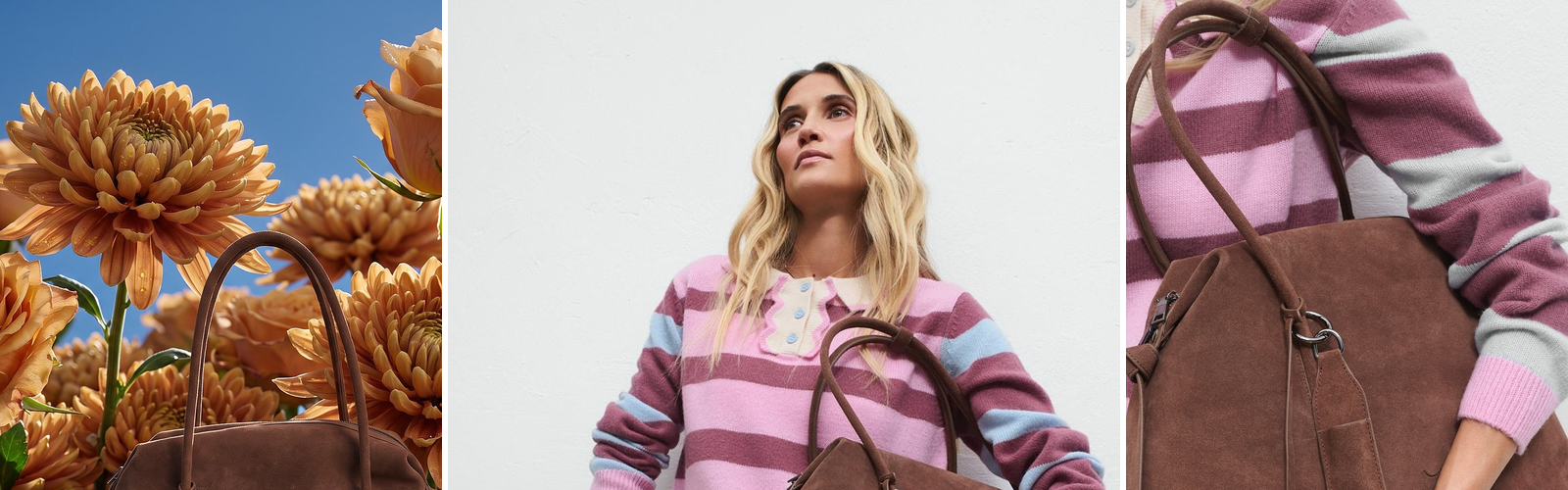 Woman in a striped sweater carrying a brown suede Naoko Studio bag.