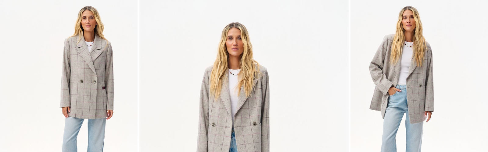 Woman in a checked wool blazer from the Plot Twist collection.