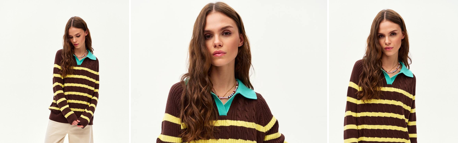 Woman in a striped polo collar sweater, a preppy autumn look.