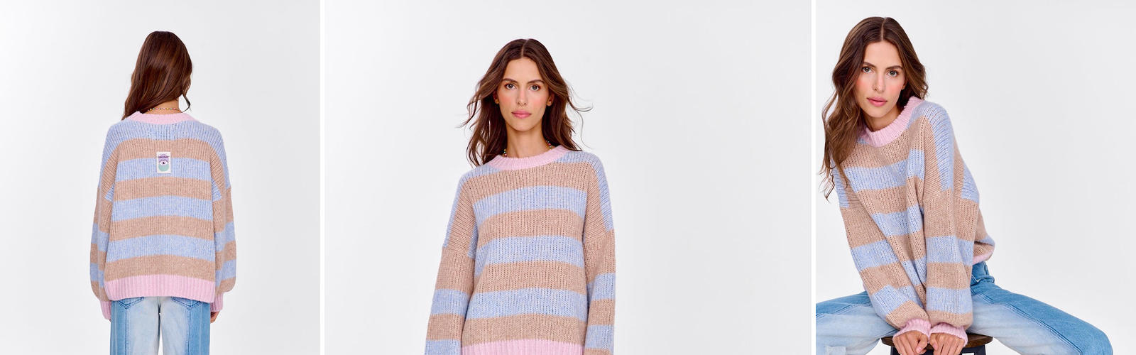 Woman in a striped knitted sweater, a daylight portrait look.