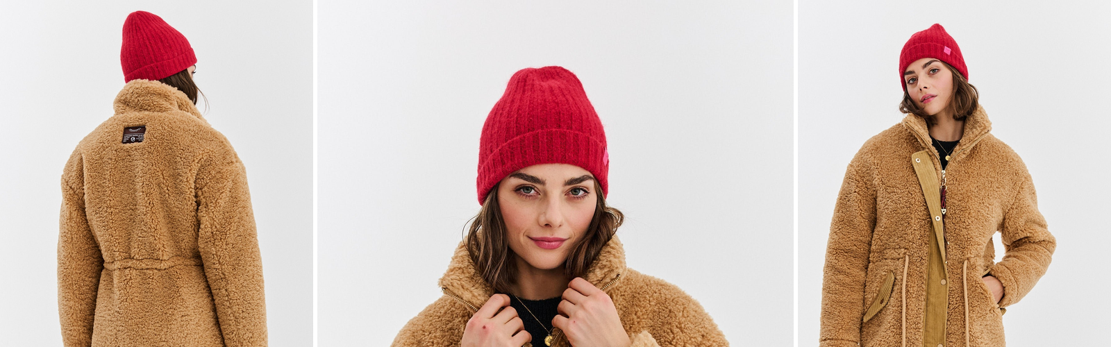 Honey coloured teddy coat with a red knitted beanie