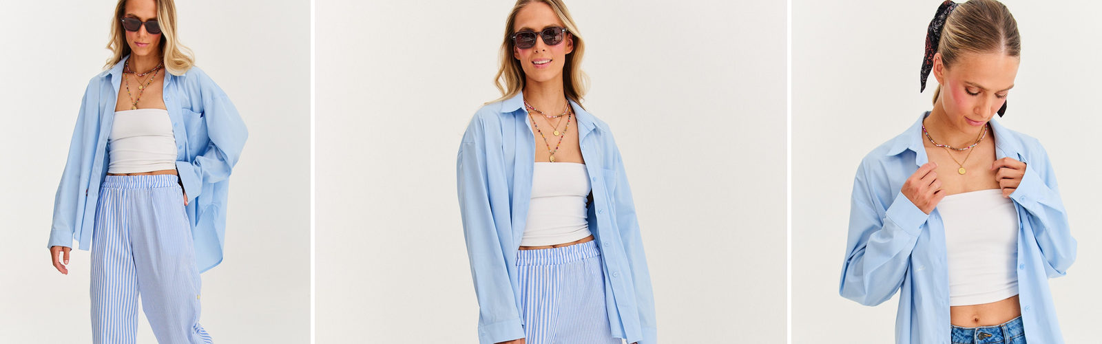 Woman in a loose shirt tied at the waist, a late summer look.