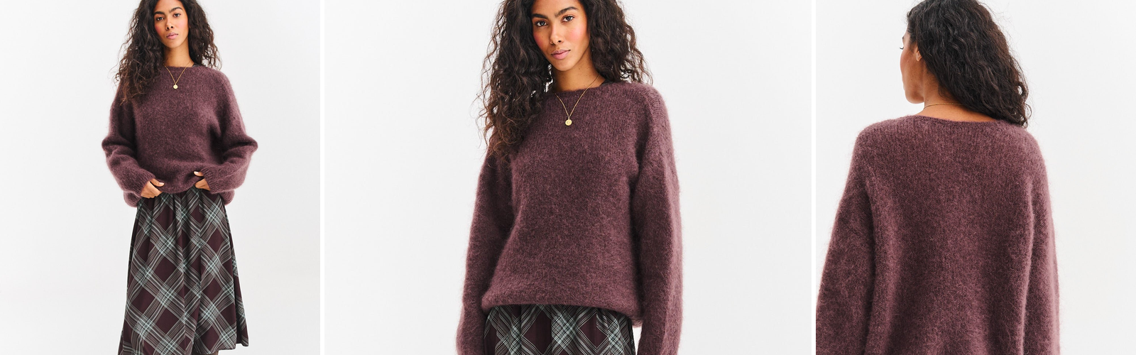 Woman in a soft mohair sweater, a close view of the knit.