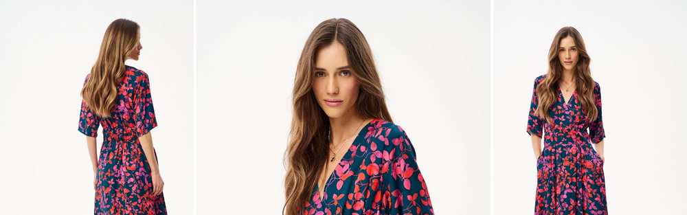 Navy midi dress with a red floral print