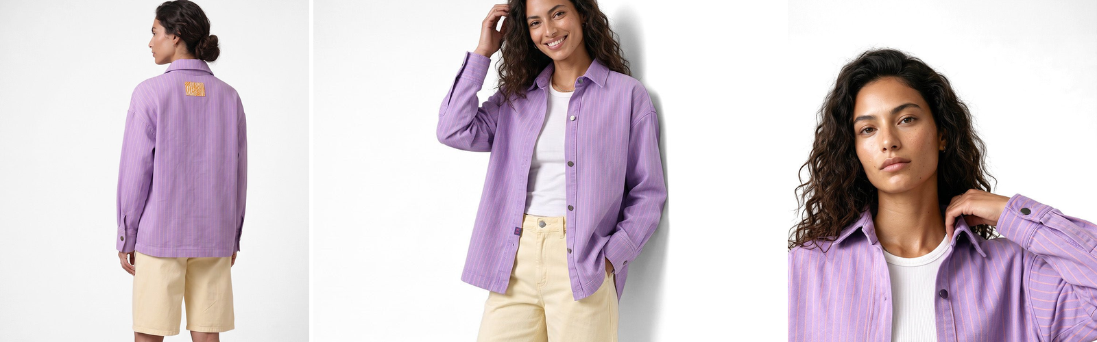 Woman in a light shirt jacket, a transitional season look.