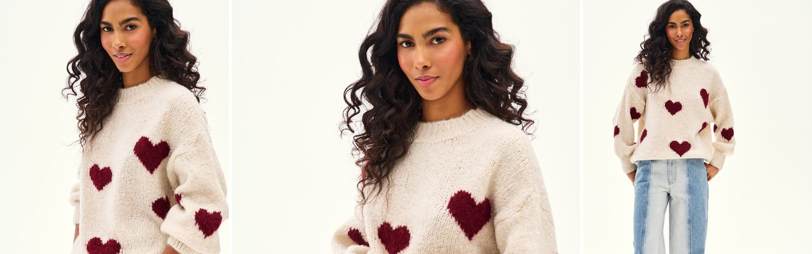 Woman in a white knitted sweater, a September daylight look.