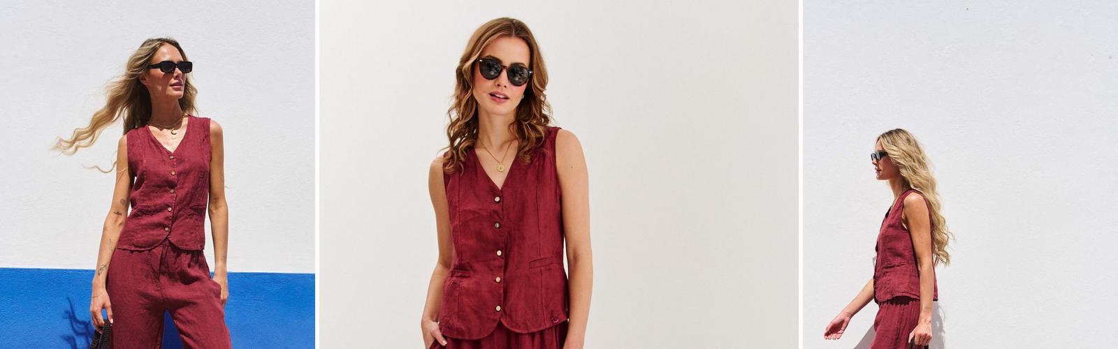 Woman in a burgundy linen waistcoat and wide trousers.