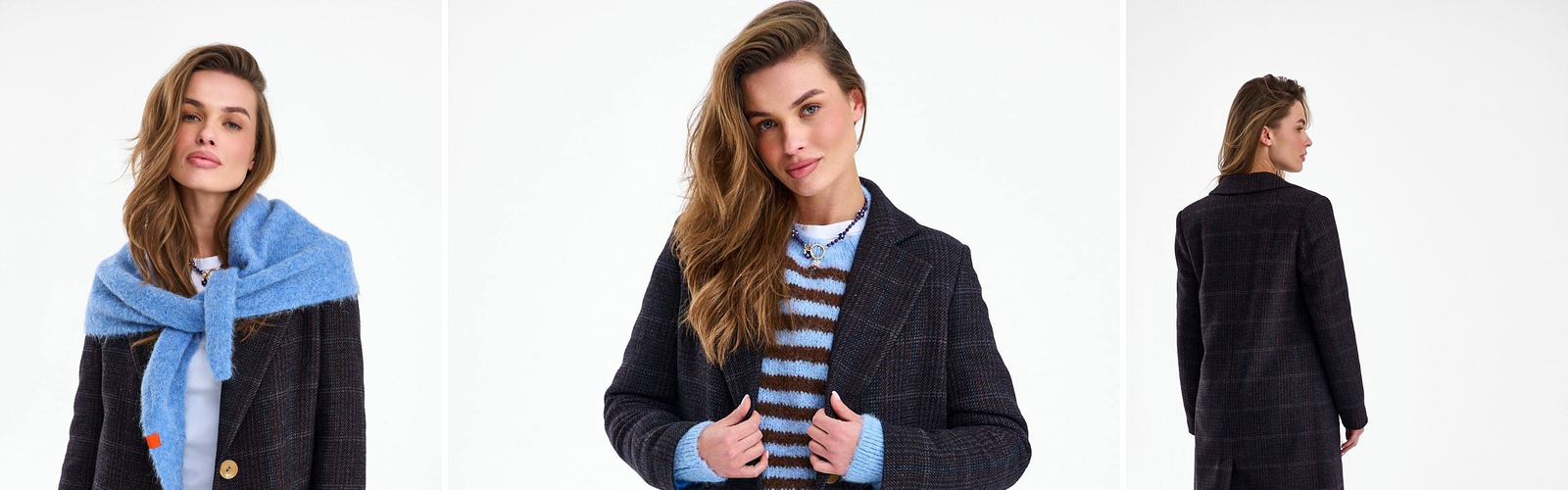 Dark checked wool coat worn over a striped sweater