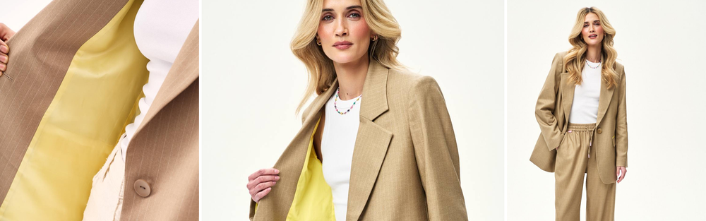 Woman in a camel blazer and white top in Parisian chic, banner for an article on French style of dressing.