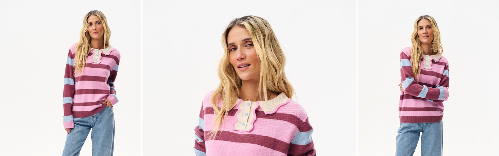 Woman in a striped wool sweater and jeans, studio photograph