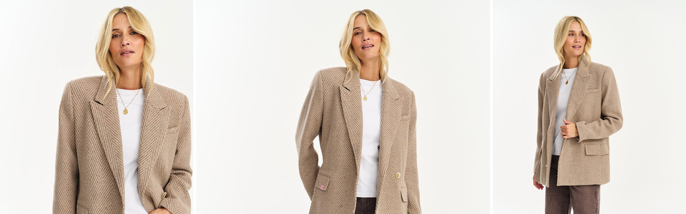 Woman in a wool blend blazer, studio photograph