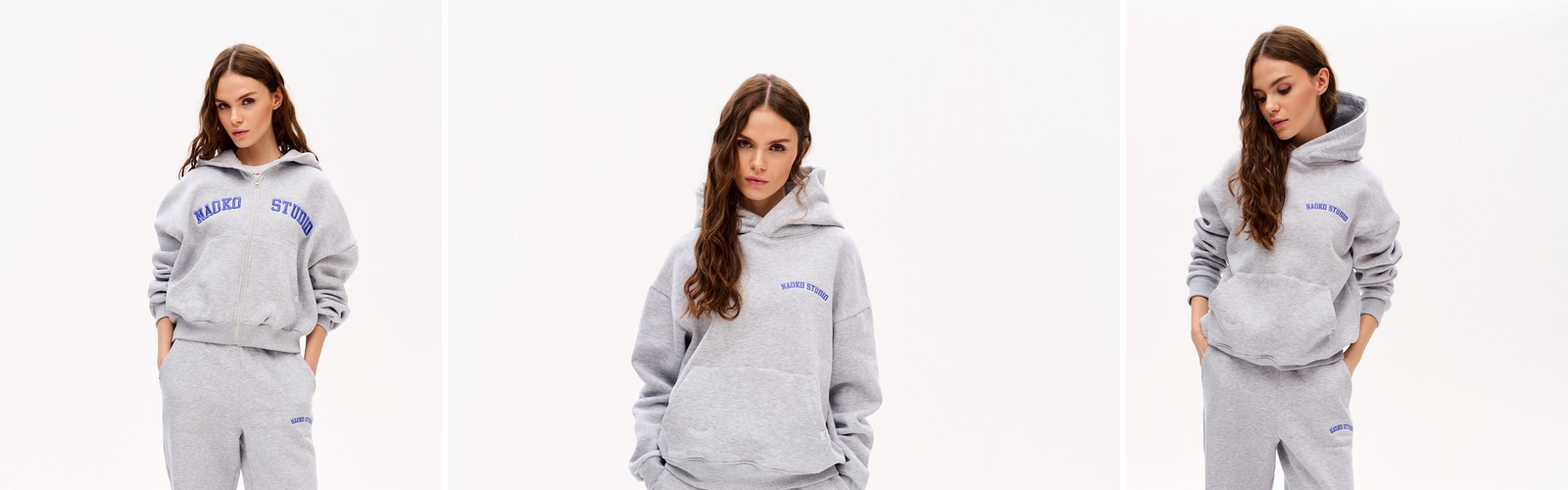 Woman in grey joggers and a matching hoodie, studio photograph
