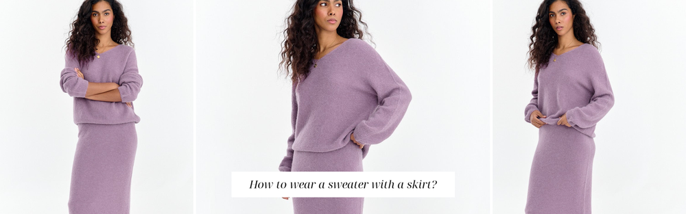 Woman in a lilac knit set: sweater and midi skirt, autumn styling.