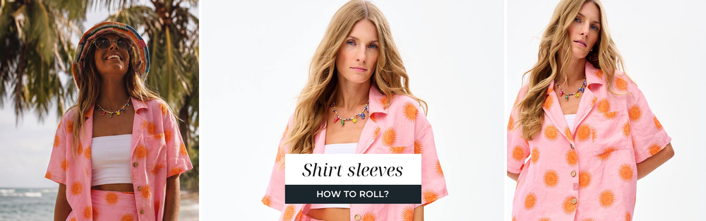 Woman in a linen shirt with rolled up sleeves, a relaxed summer look.