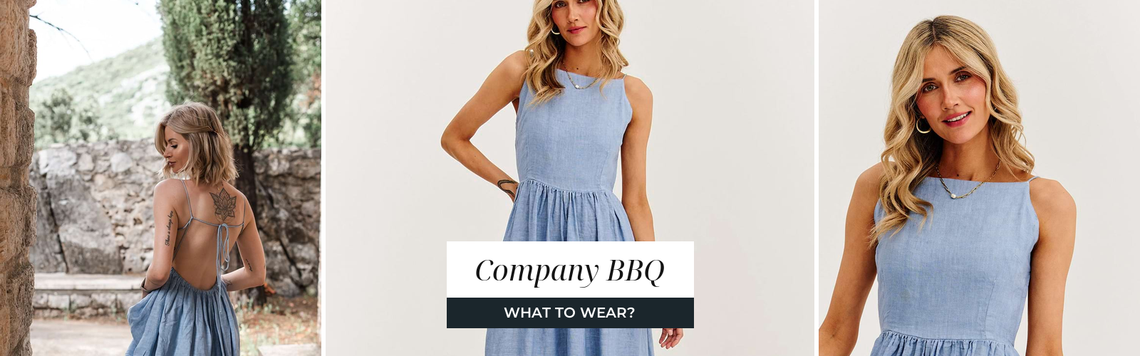 Woman in a linen dress, a summer look for an outdoor gathering.