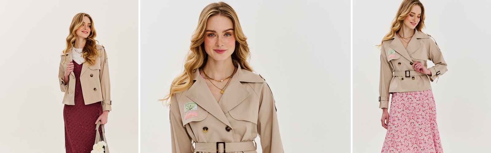 Woman in a short beige trench coat, banner for an article on choosing a coat for a petite figure.