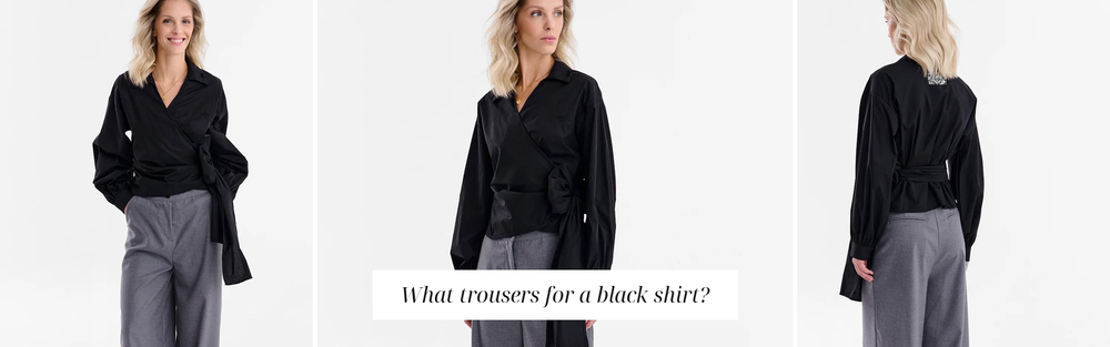 Black shirt paired with grey trousers, elegant styling.