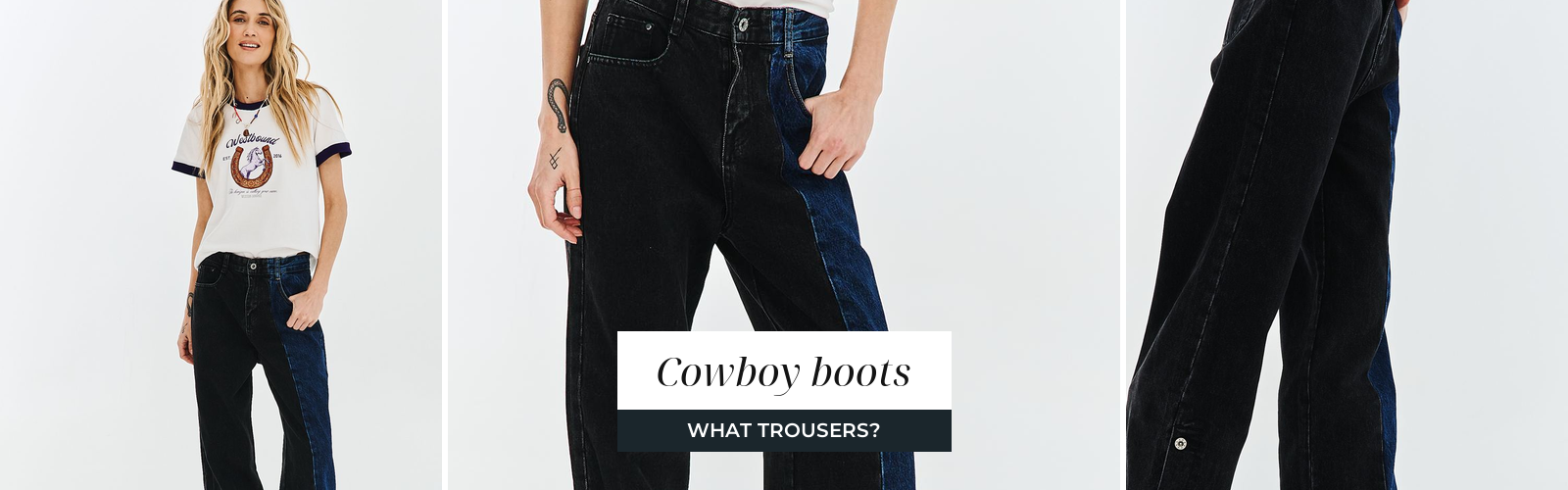 Woman in straight jeans styled with cowboy boots, a look for the turn of summer and autumn.