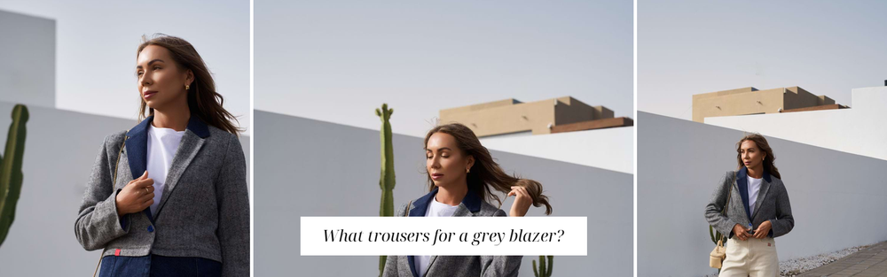 Grey blazer paired with trousers, styling for the turn of seasons.