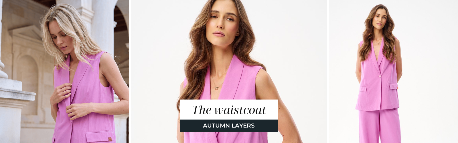 Woman in a linen tailored waistcoat, an elegant layered look for the turn of the seasons.