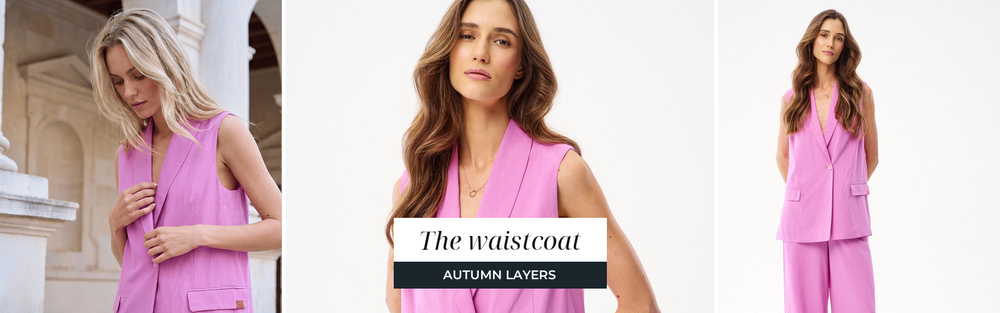 Woman in a linen tailored waistcoat, an elegant layered look for the turn of the seasons.
