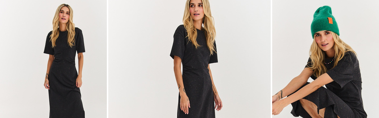Woman in a black knitted dress against a light background, a frame showing the drape and texture of the fabric.