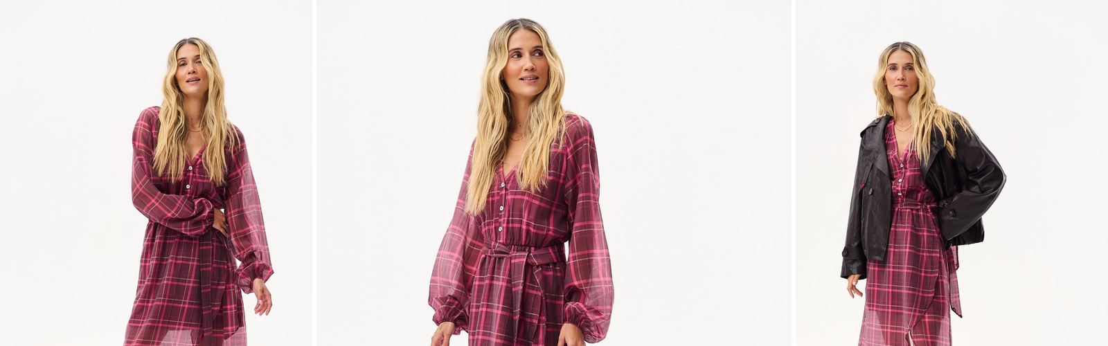 Woman in a sheer plaid midi dress in burgundy and pink, layered with a black leather jacket, studio photograph
