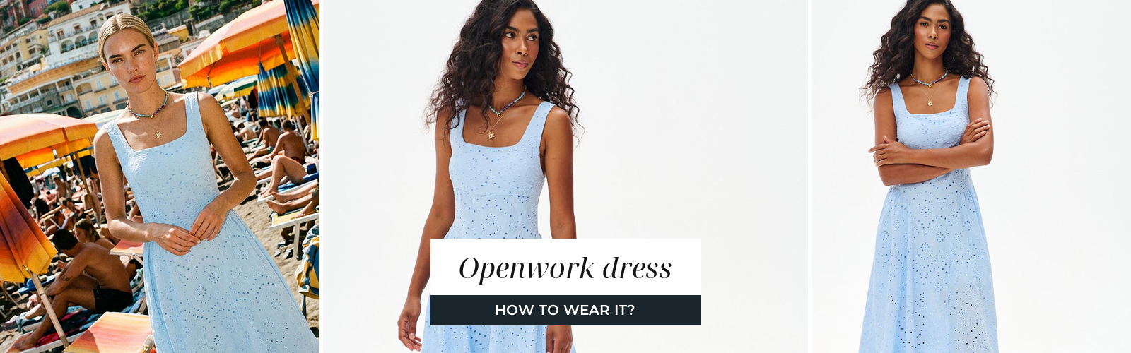Woman in a natural-toned openwork midi dress, a summer knit look with openwork texture.