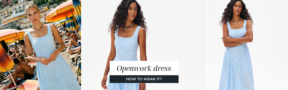 Woman in a natural-toned openwork midi dress, a summer knit look with openwork texture.